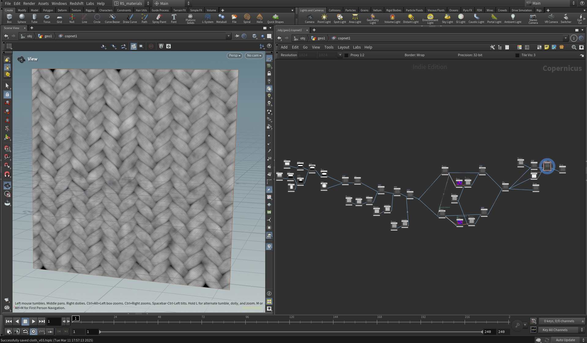 A 3D rendering software interface displaying a detailed woven textile pattern with a node-based shading network on the right side.