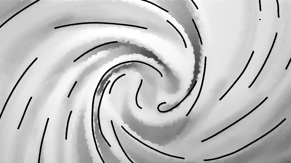 A stylized black and white drawing of a whirlpool or spiral vortex.