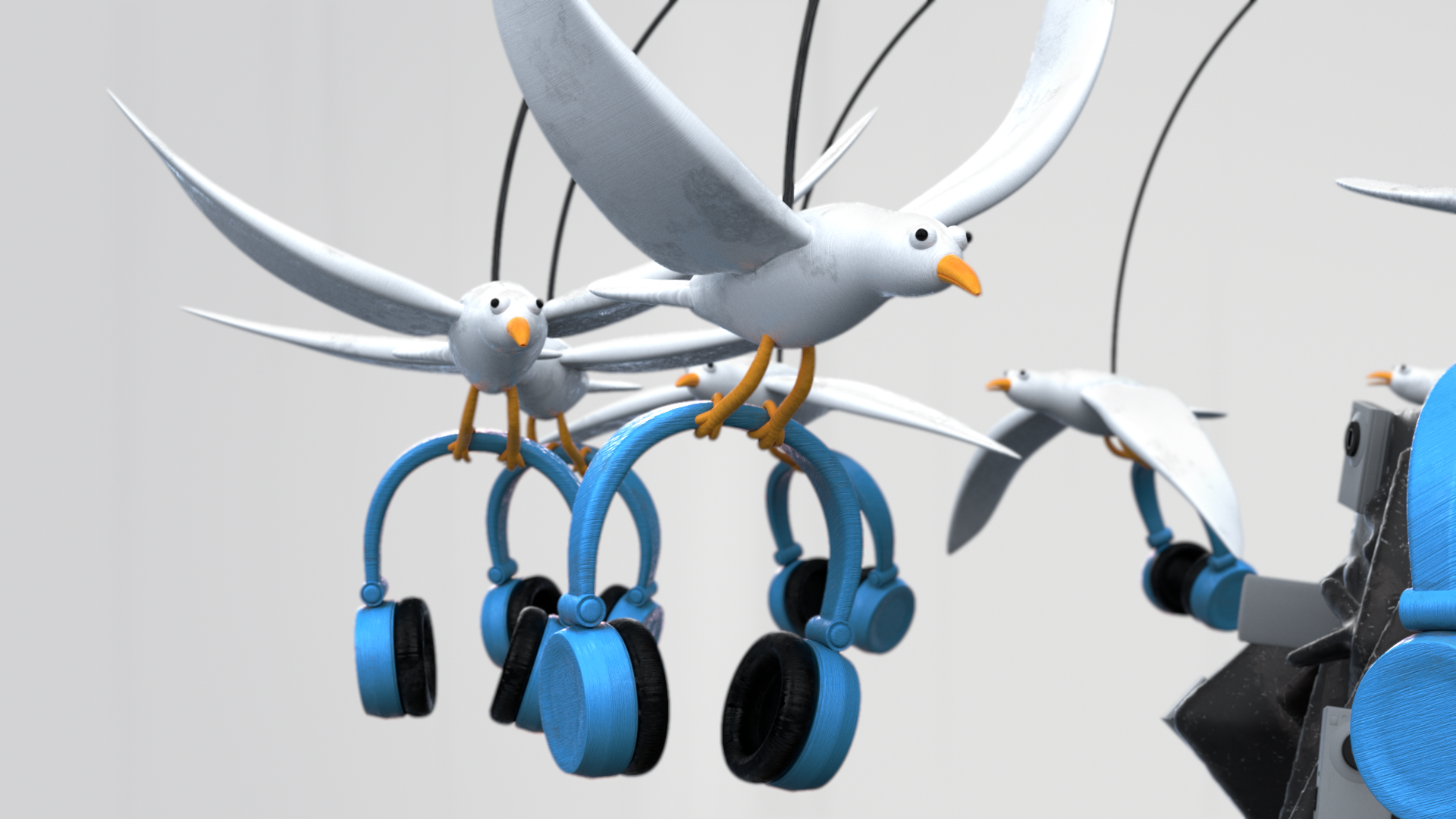Collection of white bird figurines with orange beaks and yellow legs, hanging on black wires, with blue headphones hanging on the wires, and part of robotic arm in the foreground.