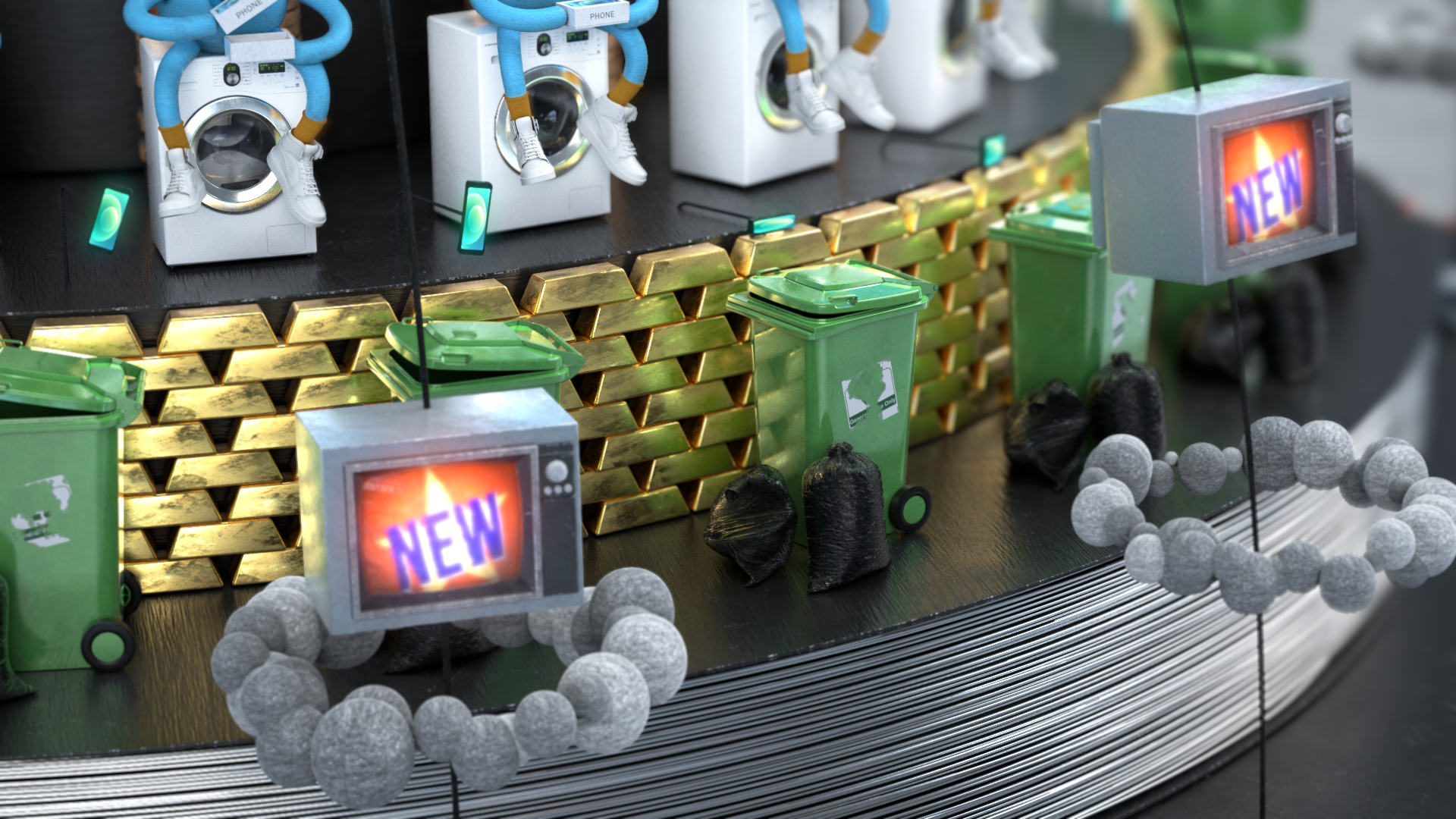 Miniature display with washing machines wearing toy shoes and blue scarf, green recycling bins, and a sign reading 'NEW' on a small television. Decorative gray foam balls and black rocks are arranged around the display.