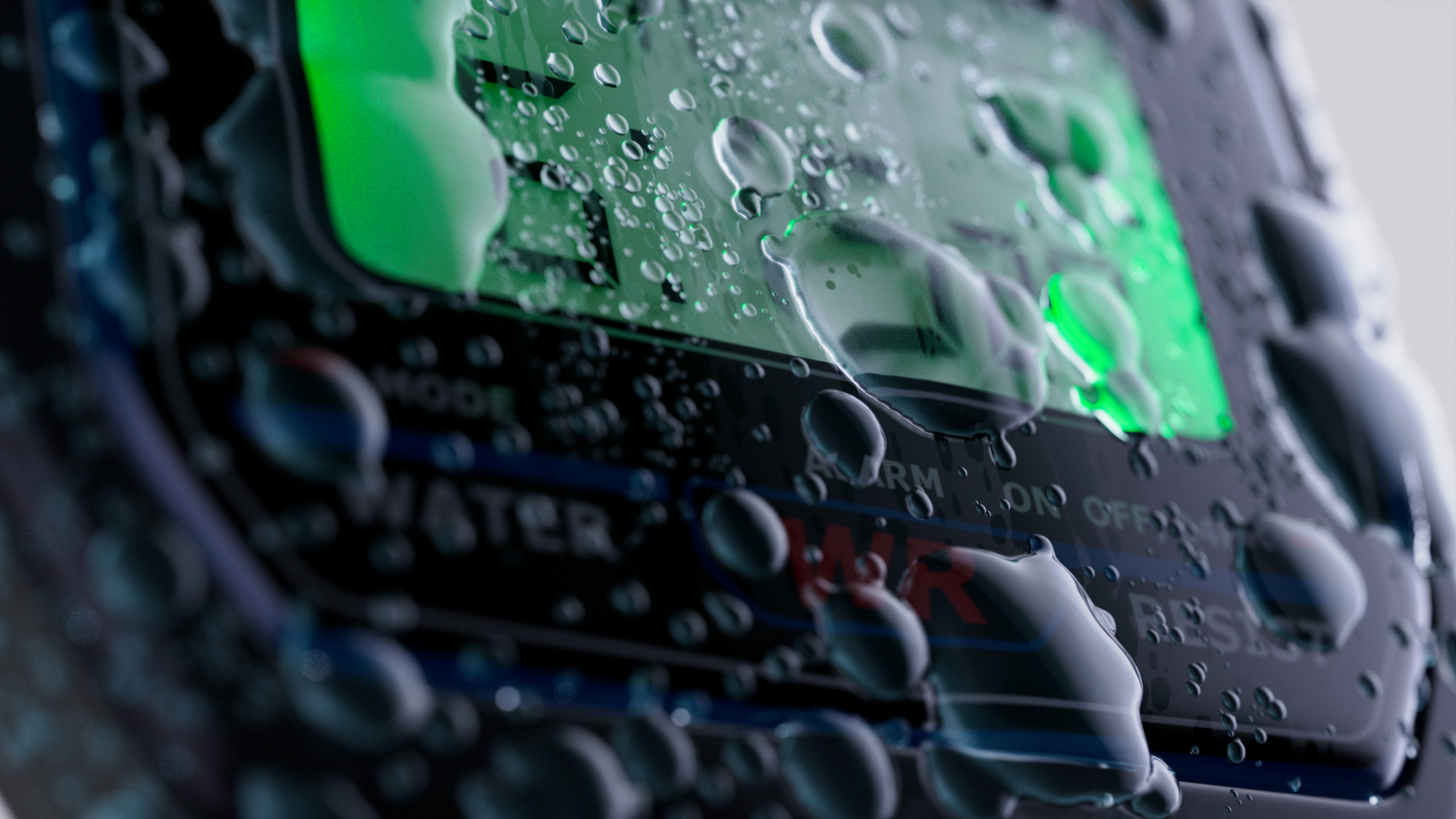 Close-up of a circuit board with water droplets on its surface, illuminated with green light.