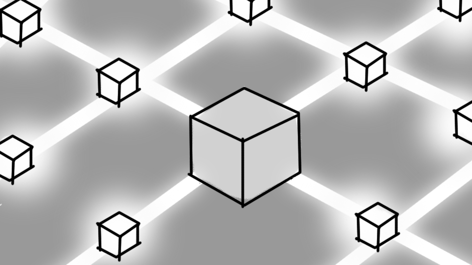 A digital illustration of multiple 3D cubes on a grid with glowing white lines, with a large central cube and smaller cubes around it, in shades of gray and black.