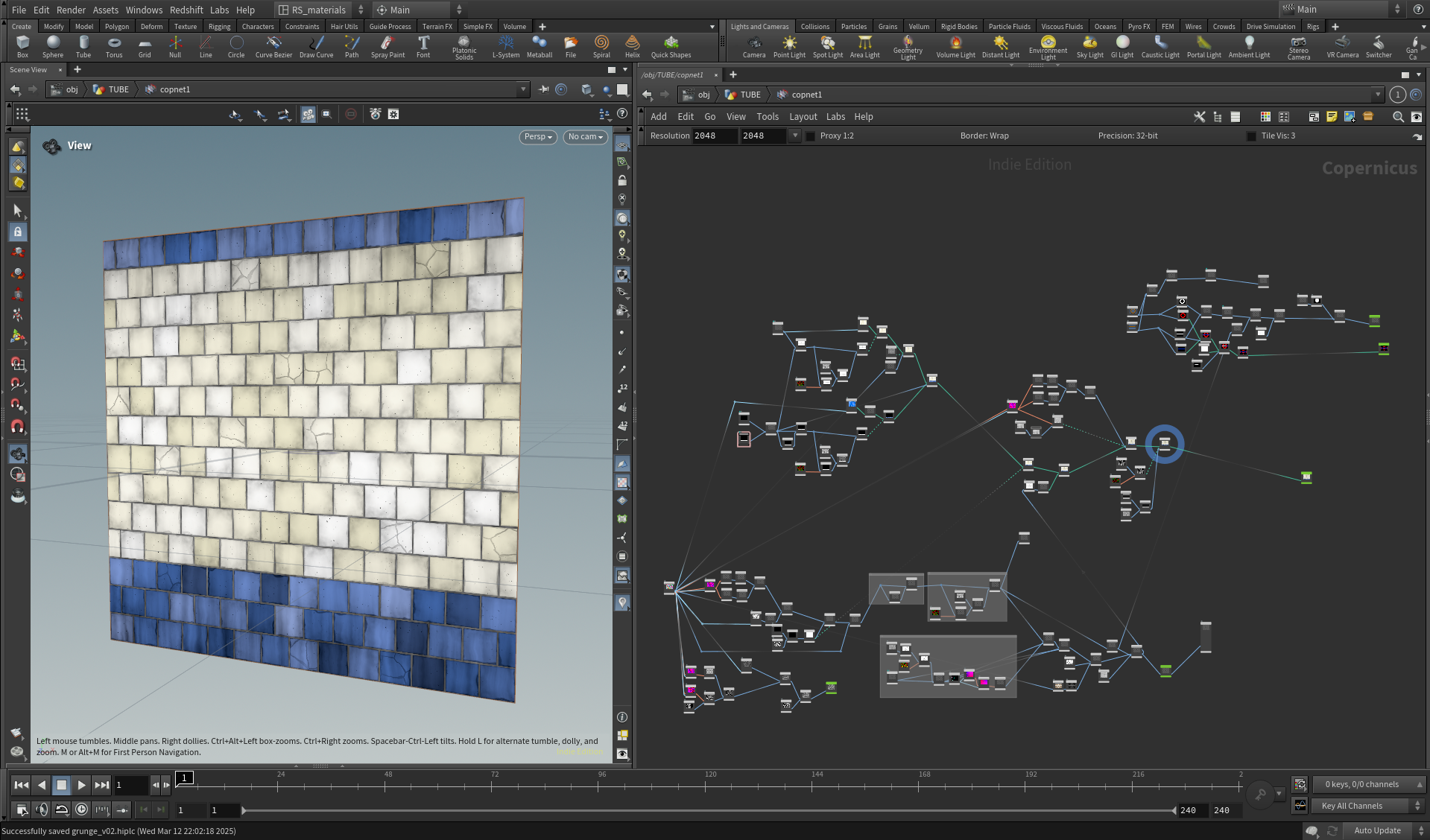 A 3D modeling software interface showing a wall with textured tiles, featuring contrasting white and blue sections, and a node-based material graph on the right side.