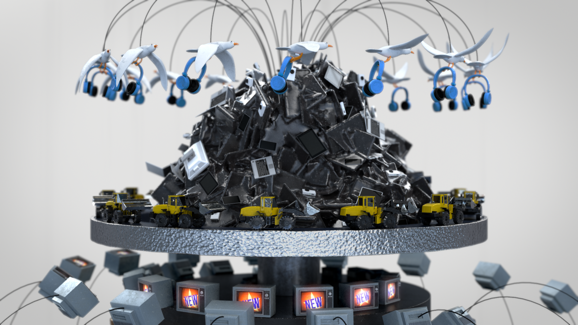 A digital art sculpture of a mountain made of discarded electronics with toy bulldozers at the base, seagulls with headphones flying above, and vintage televisions displaying 'NEW' around the sides.