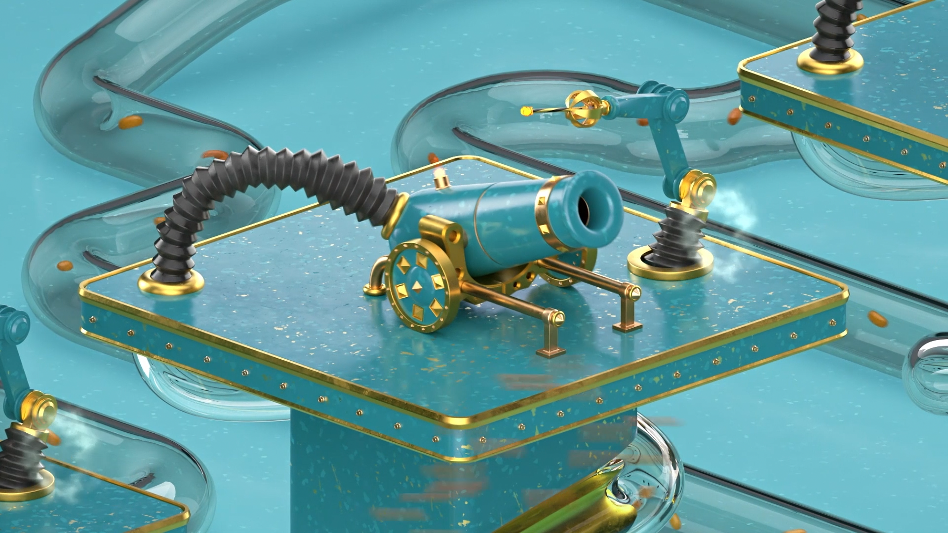 Futuristic cannon with a teal and gold color scheme, black flexible tubes, and a transparent bubble-like enclosure, set on a matching teal platform with gold accents.