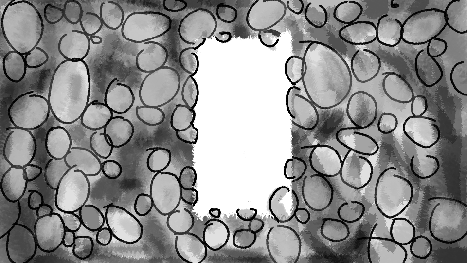 Illustration of numerous oval and circular shapes around a blank oval in the center, resembling bubbles or stones with a grayscale color scheme.