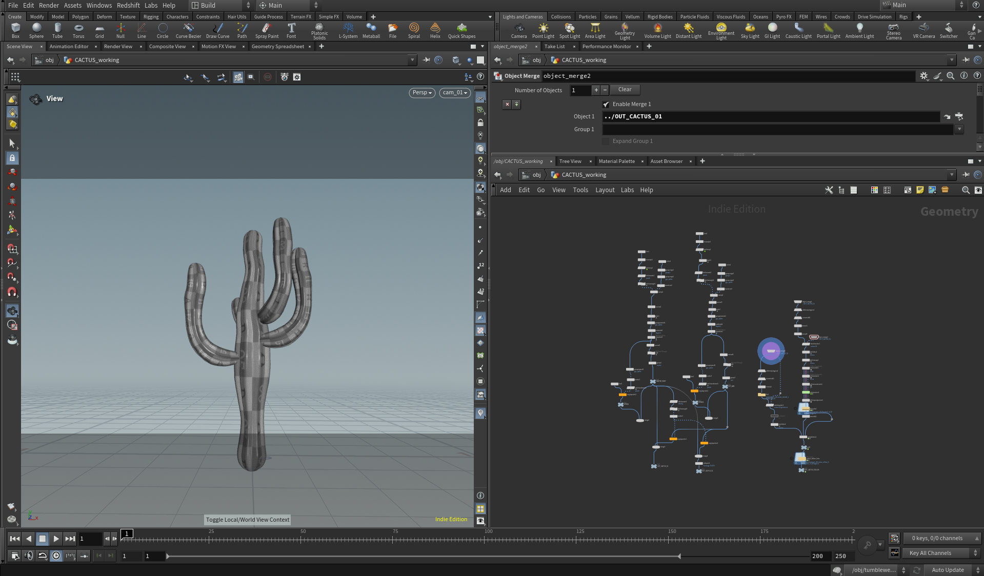 A 3D digital model of a cactus on a grid, displayed in a 3D software interface. The cactus has multiple arms and a metallic surface. The interface shows various tools and panels for editing the model.