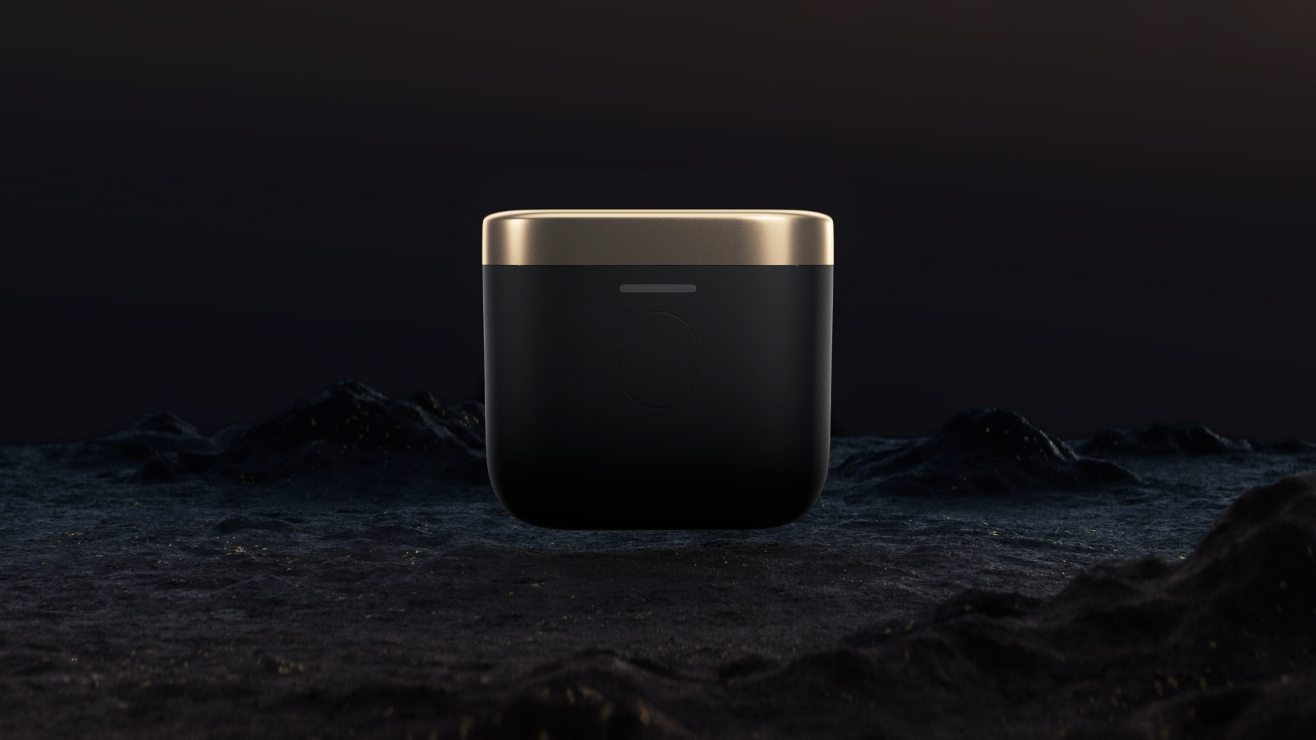 A black and gold wireless earbuds case is placed on a rocky surface with dark, mountainous terrain in the background, under low lighting.
