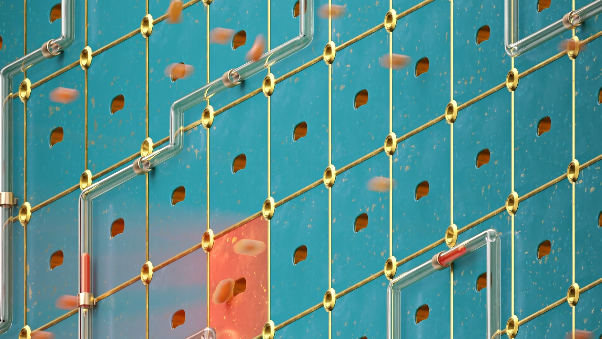 A blue pegboard with holes, decorated with small glass tubes containing colorful liquids, connected with brass fittings and visible orange liquid.