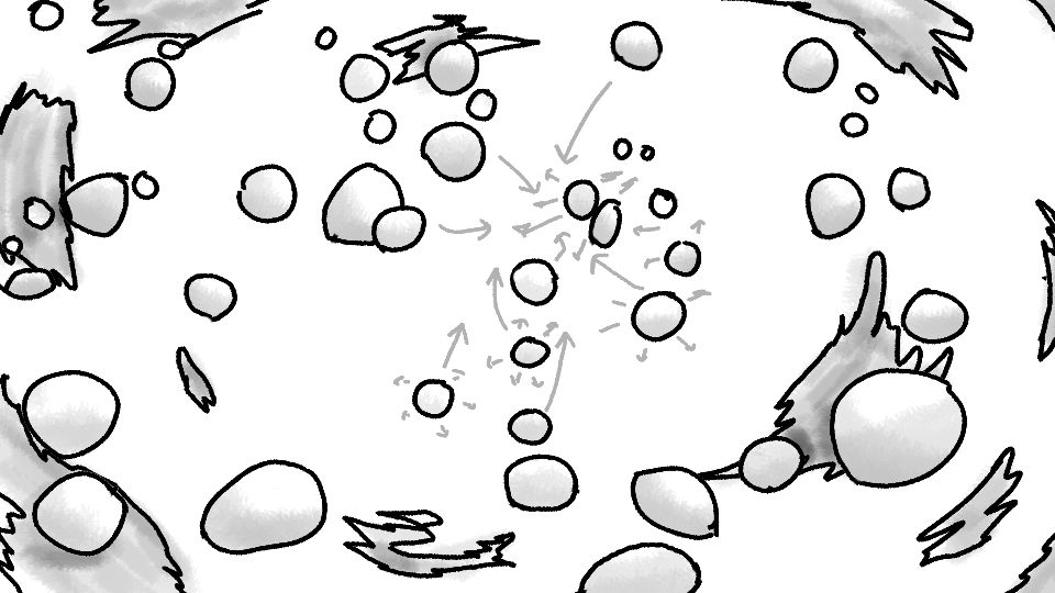 Black and white illustration depicting a scientific process or diagram with numerous circles and arrows.
