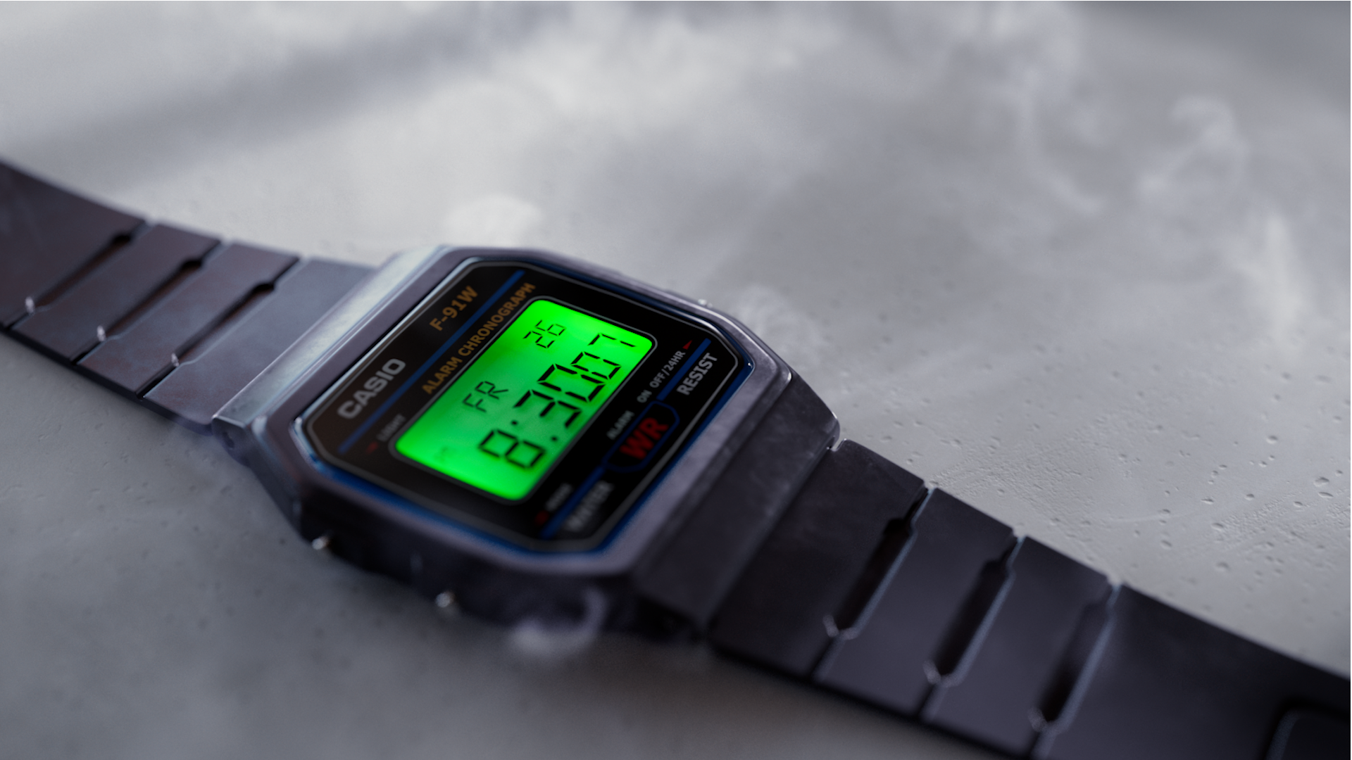 A vintage digital Casio wristwatch with a green backlit display showing the time 8:30:05, resting on a speckled gray surface. The watch has a black metal band and is labeled with various functions including alarm, chronograph, and water resistance.