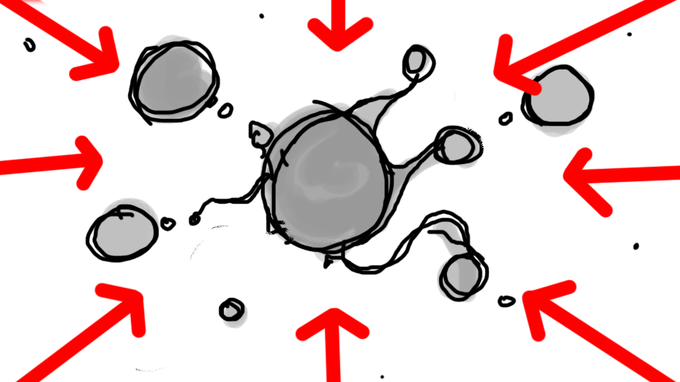 Illustration of a virus particle with several smaller particles around it, surrounded by red arrows pointing towards the virus.