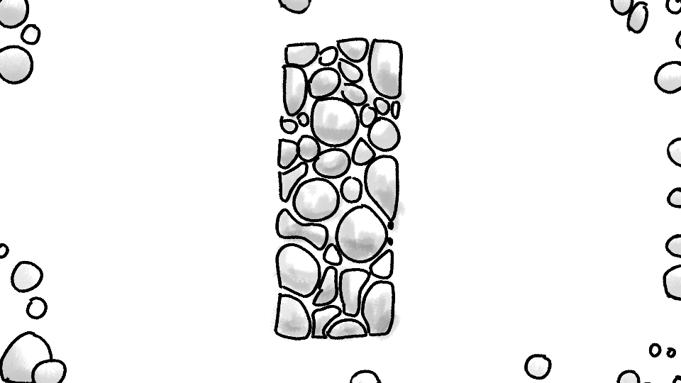 A black-and-white artistic rendering of a cactus with a tall, narrow shape, surrounded by small circles resembling pebbles or bubbles.