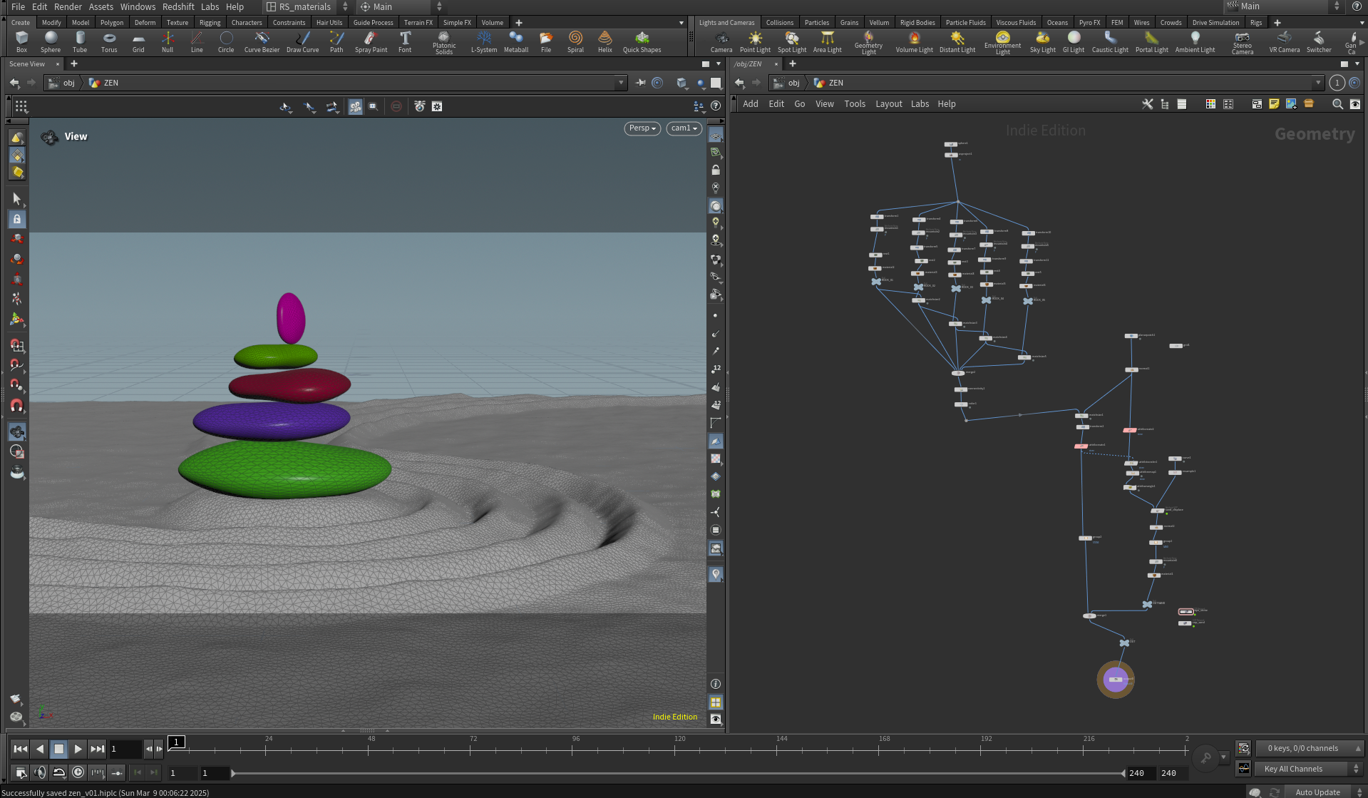 A 3D modeling software interface showing a scene with colorful, flat, elliptical shapes stacked in a balanced formation on a textured ground surface.