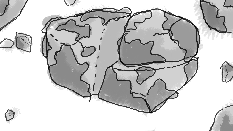 A rock with a map of the world drawn on it, placed on a table with small rocks around it.