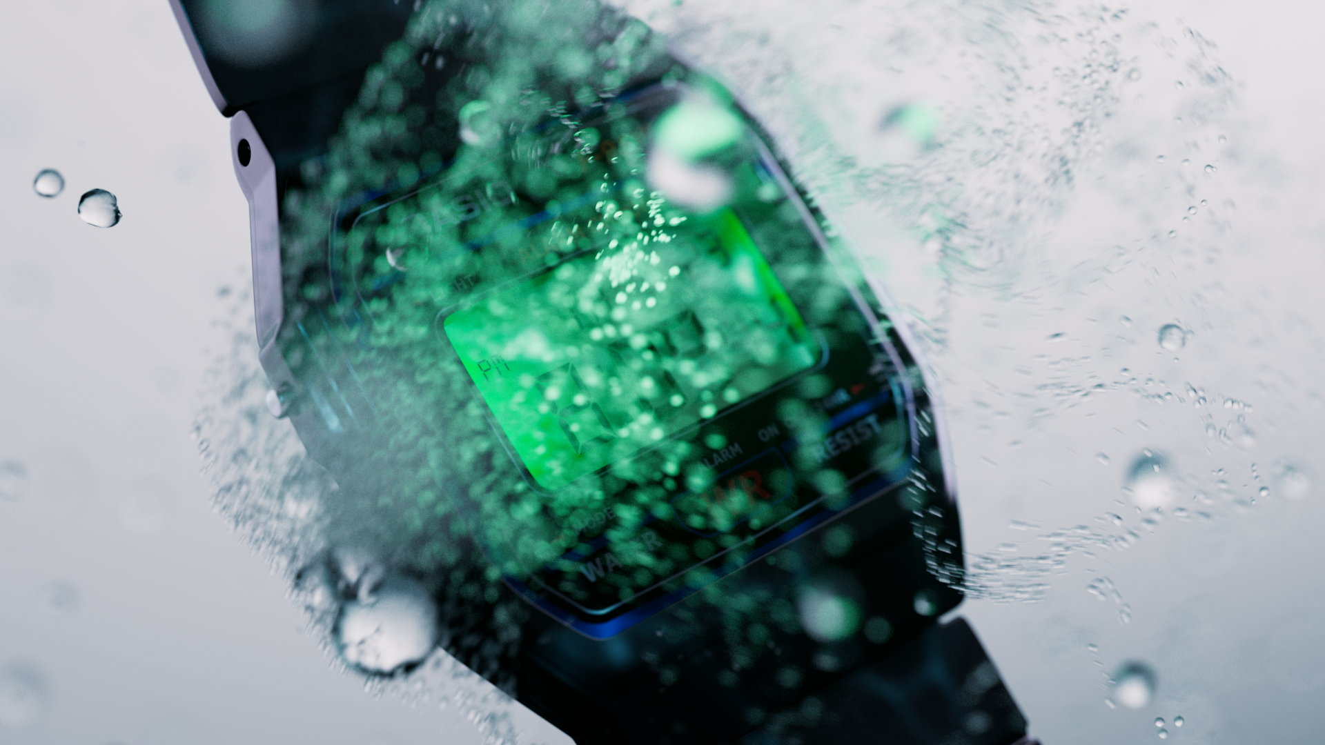 A digital sports watch with a green display submerged in water, with water droplets and splashes surrounding it.