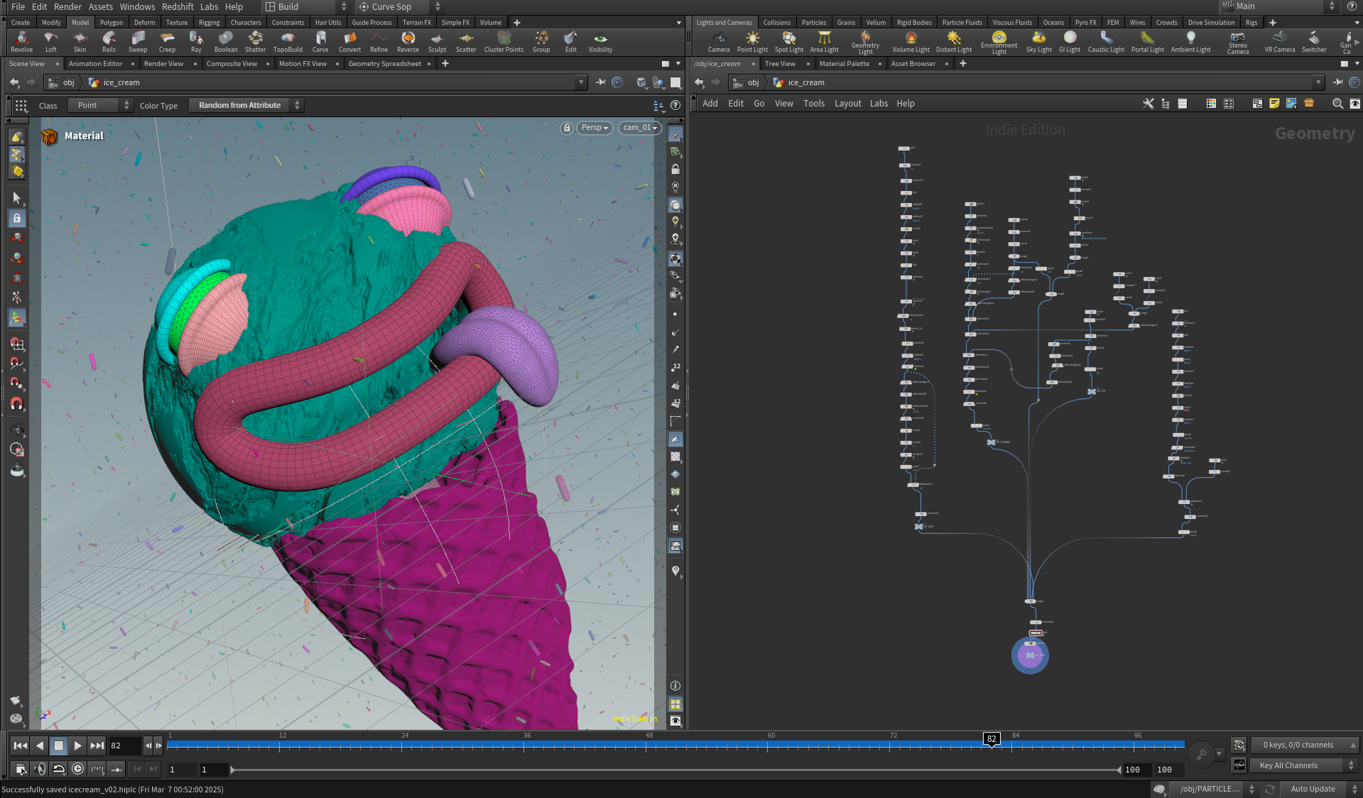 A computer screen displaying 3D modeling software with a digital model of an ice cream cone with colorful scoops and a curved pink candy or tube on top. Various tools and a node-based editing interface are visible.