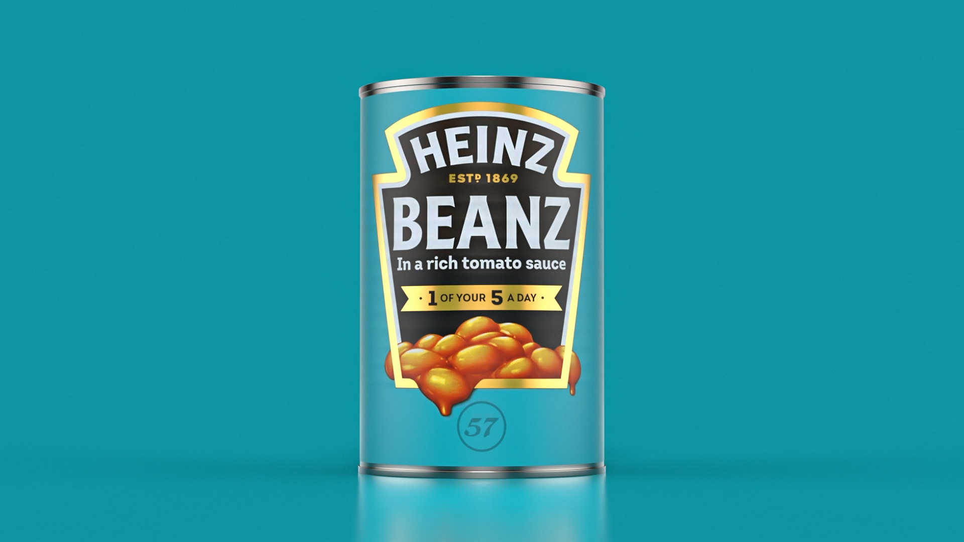 A can of Heinz Beanz in rich tomato sauce with label showing beans in sauce and text highlighting one of five servings per day.