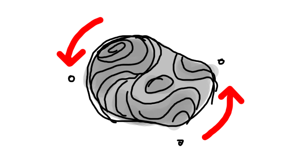 A hand-drawn illustration of a gray rock with black lines highlighting its textures, with red arrows pointing from the left and right sides.