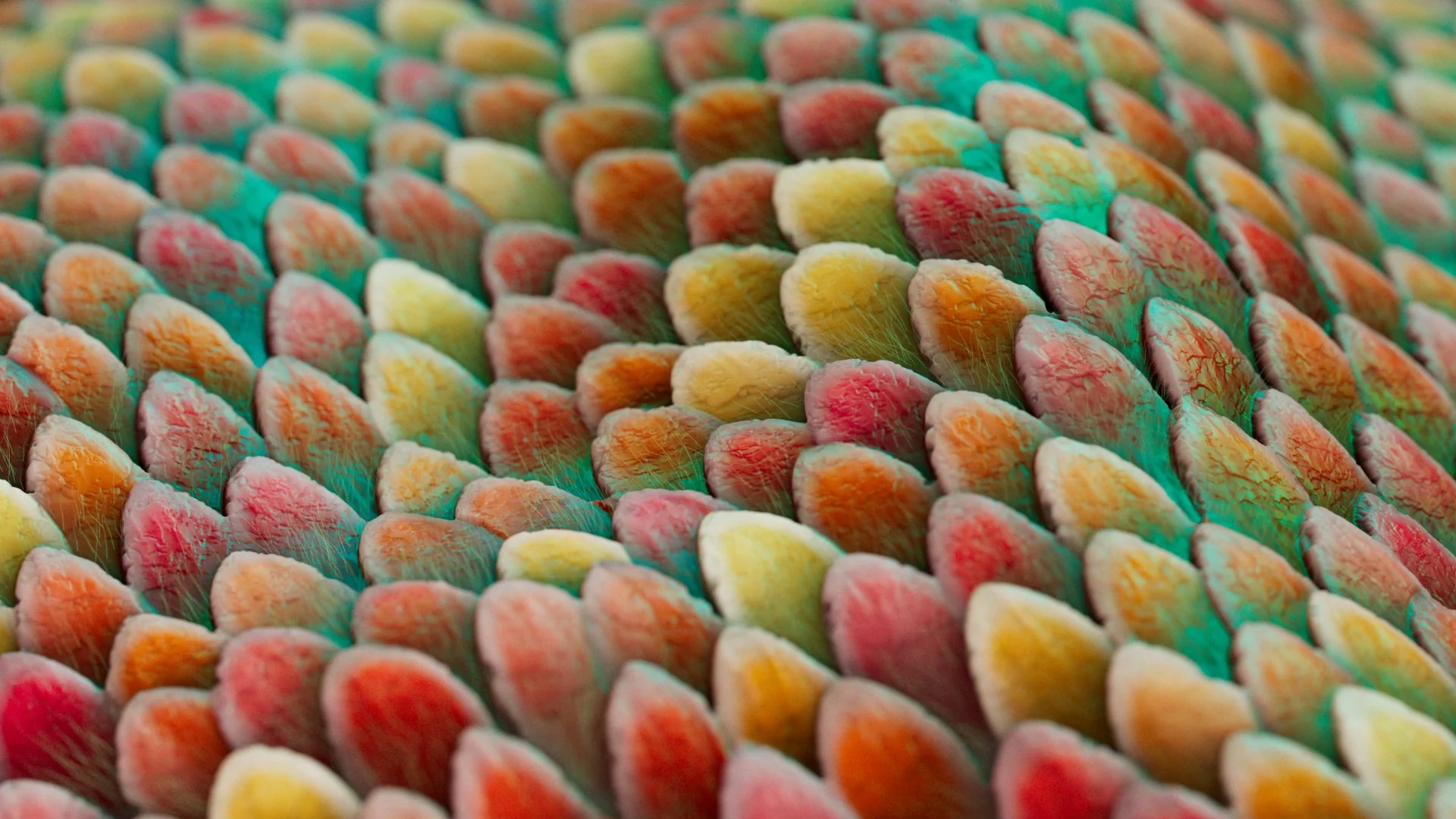 Close-up of colorful candy-coated almonds arranged in rows