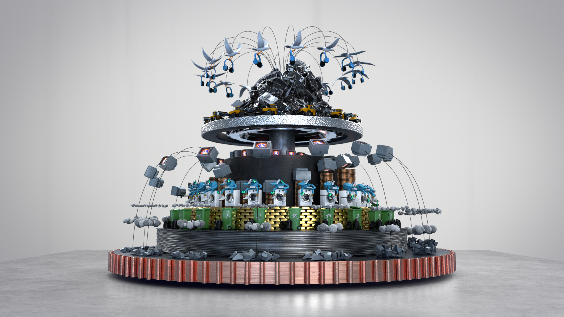 A multi-tiered sculpture composed of recycled electronic waste, including computers, monitors, and cables, arranged in a symmetrical, modern art installation.