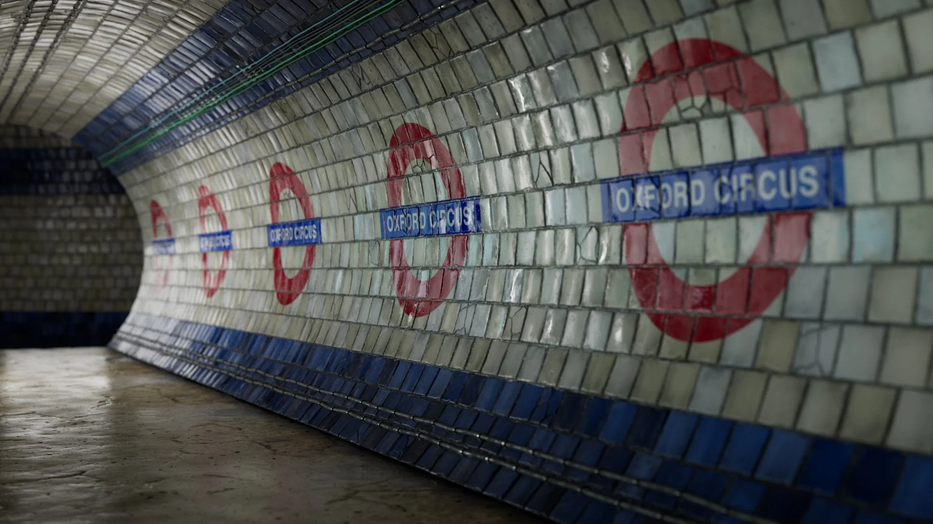 Mosaic tiles in a subway tunnel with London Underground 'Oyster' sign and red circle logos, along with 'Oxford Circus' station labels repeatedly on the wall.