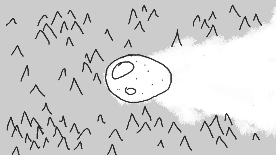 Drawing of a meteorite impact crater with a black trail leading to it, on a gray background with scattered lines representing debris or landscape features.
