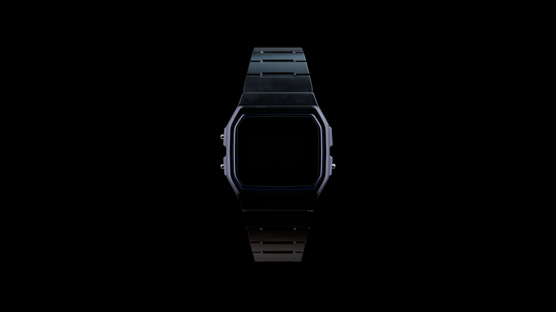 A sleek, modern smartwatch with a square face and a black metal band, displayed against a black background with a subtle reflection.