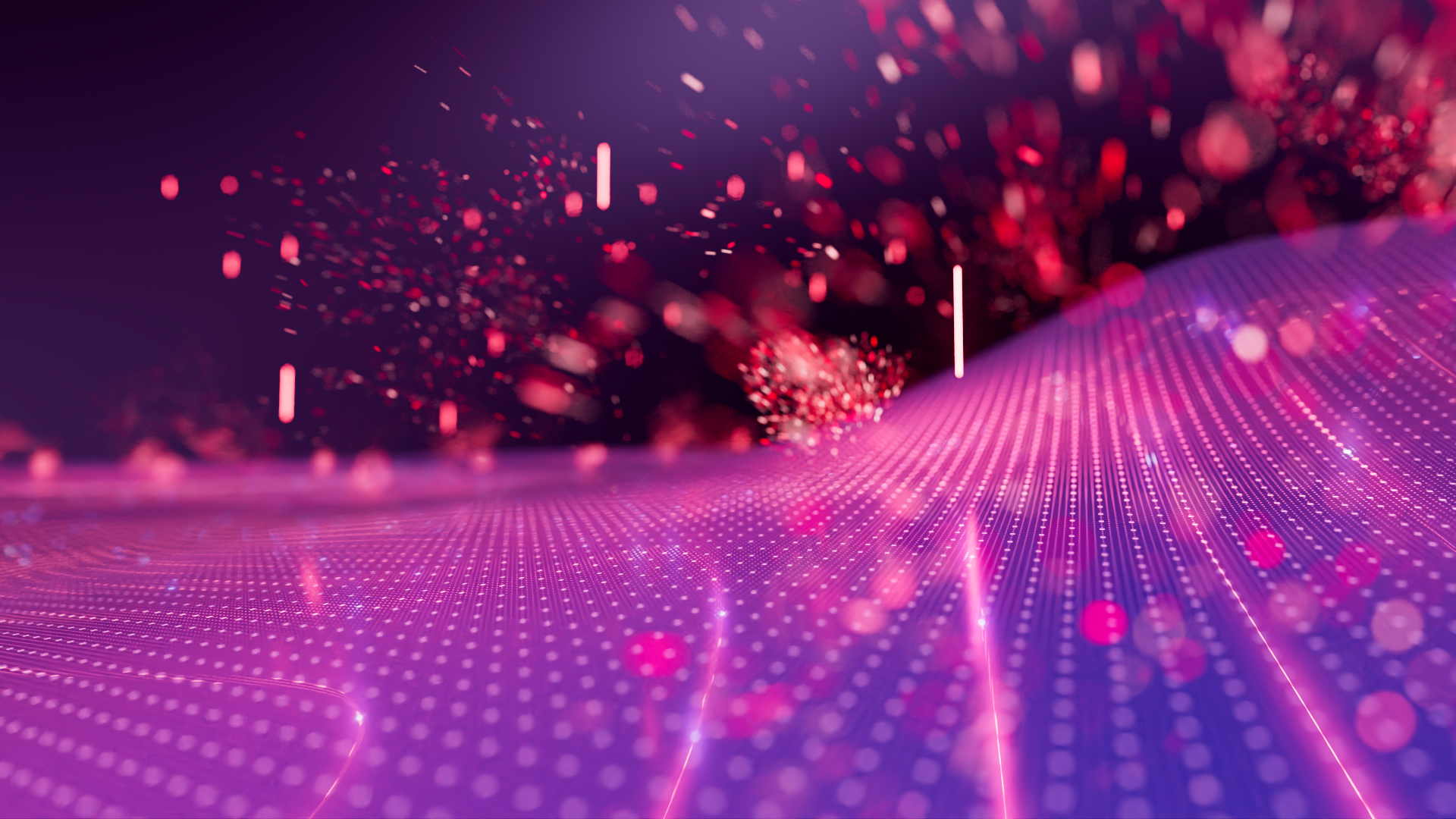 Digital abstract background with a purple digital grid surface and pink particles and lines floating and dispersing into a dark purple background.