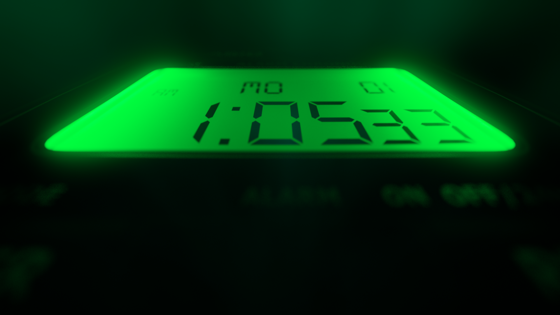 A digital clock with a green backlight showing the time 1:05:33.