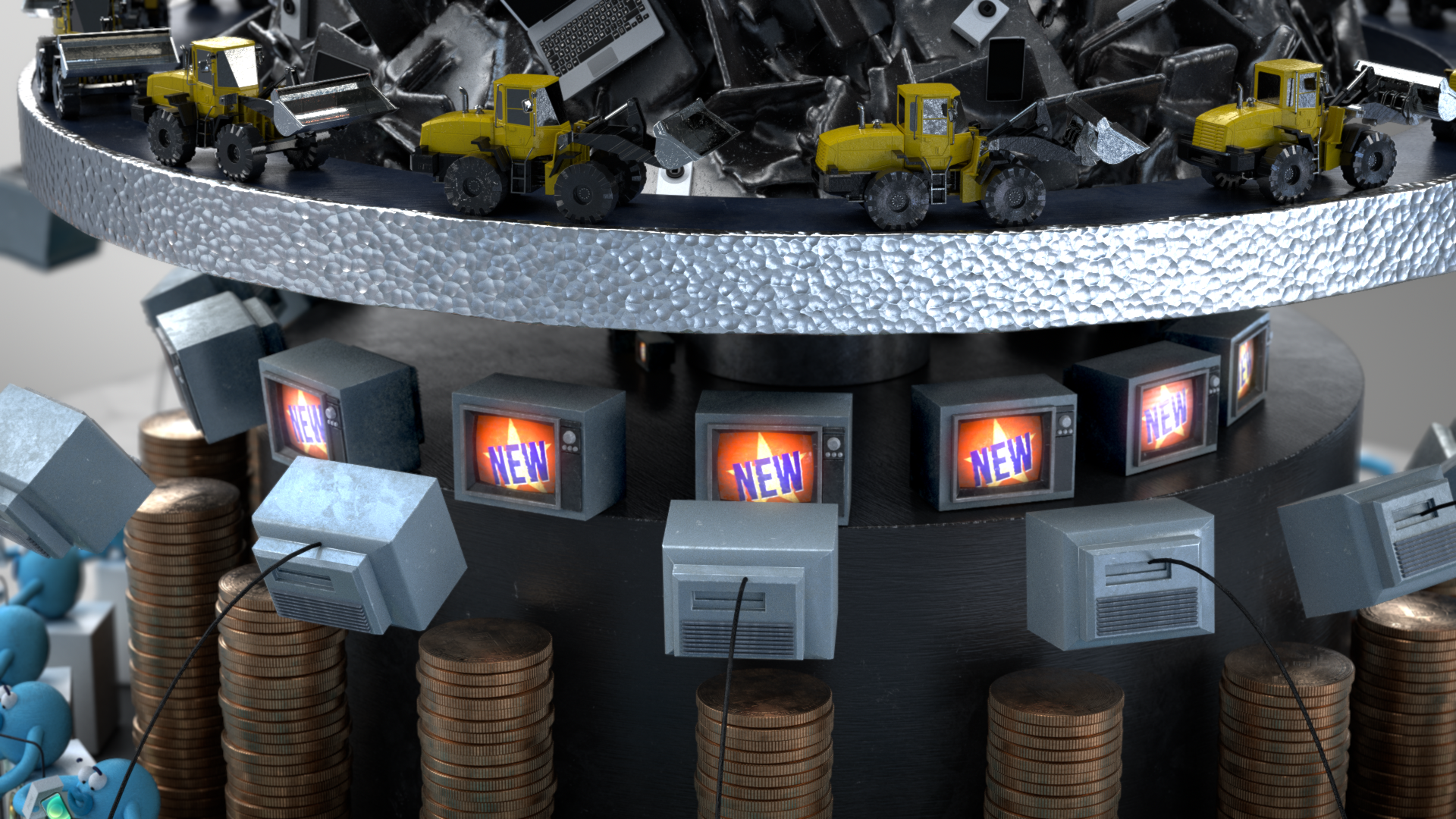 Close-up of a circular assembly with miniature yellow construction vehicles on a textured metallic surface, numerous old television screens showing 'NEW' in purple text, and stacks of coins.