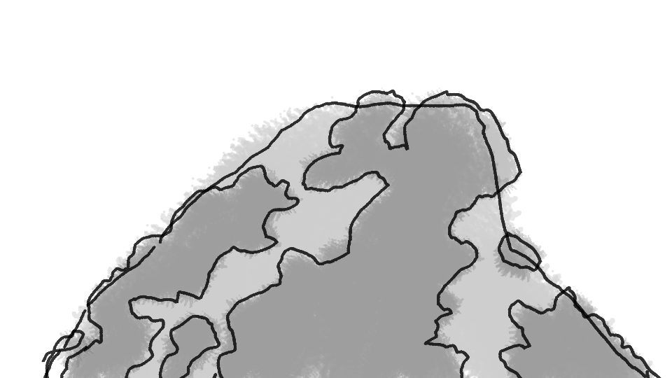 Line drawing of a mountain or large hill with detailed contours and rugged terrain.