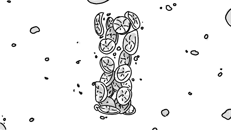 A close-up illustration of a cluster of coffee beans amidst scattered small rocks or pebbles.