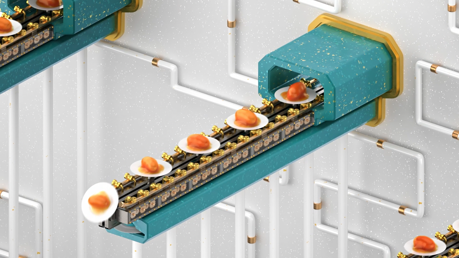 A detailed digital rendering of a futuristic, automated food production line, illustrating small round plates with orange and beige food items moving along a conveyor system inside a high-tech facility.