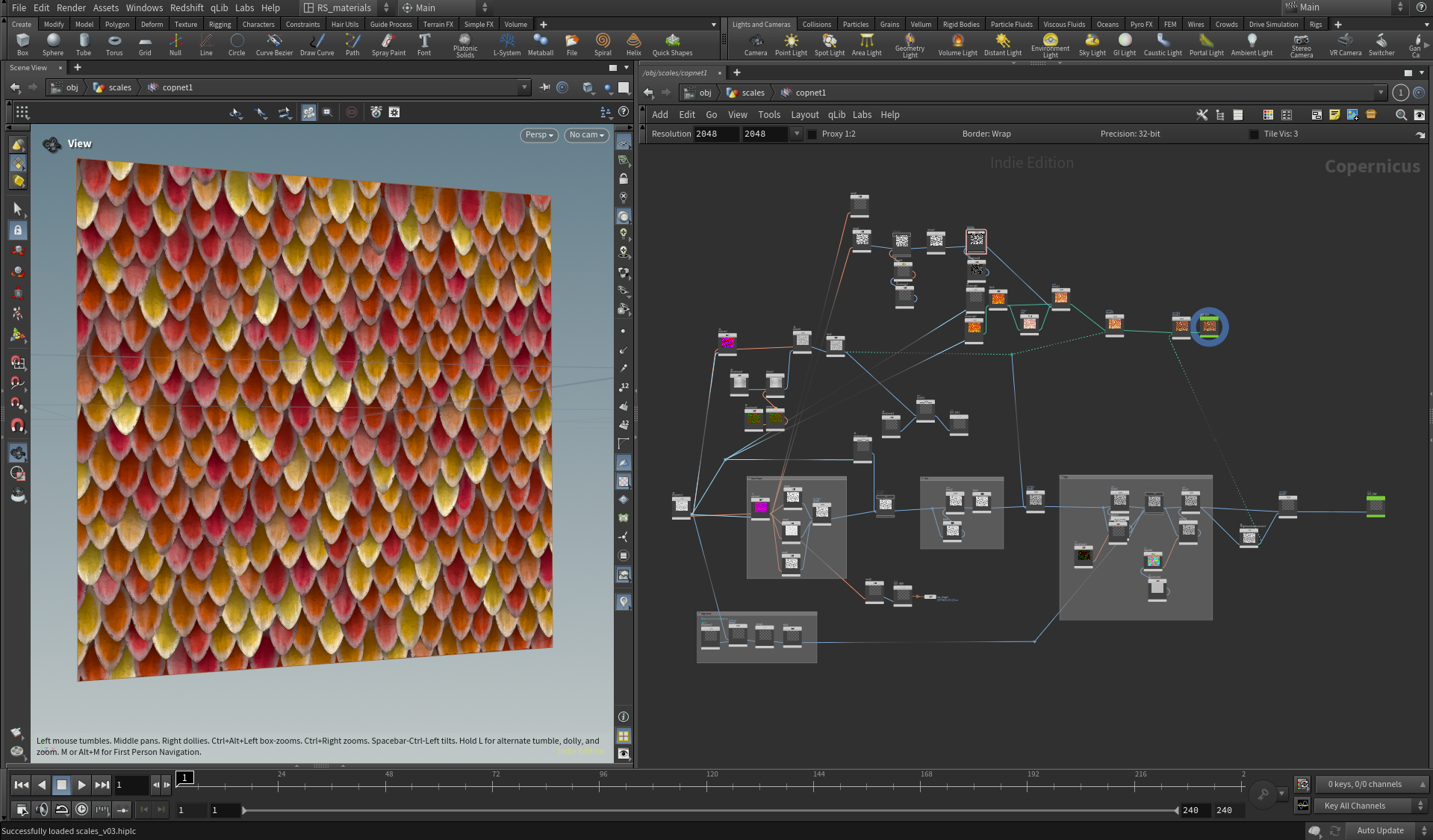 A 3D rendering software interface showing a patterned texture made of colorful tulip petals arranged in overlapping rows. The left side displays a preview, while the right side shows the node-based material network used to create the pattern.