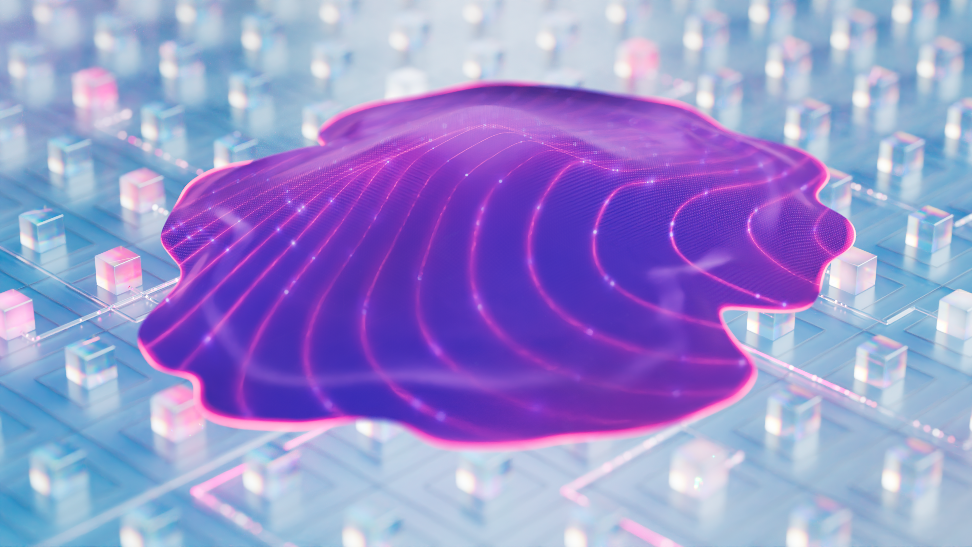 Digital art image of a purple holographic human head silhouette over a grid with small, glowing cubes, representing AI or virtual reality technology.