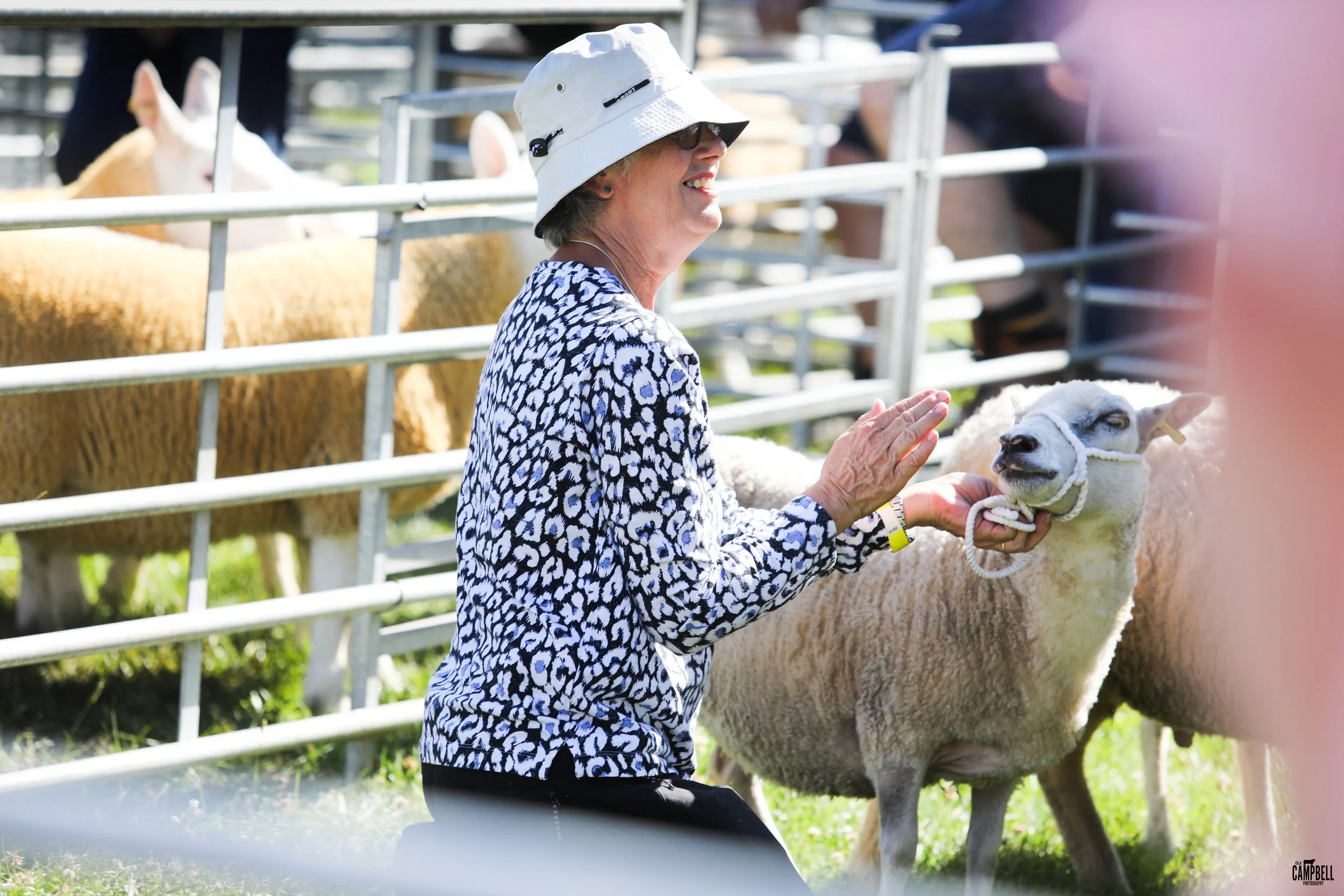 A woman in a white hat and animal print jacket interacting with a sheep at a petting zoo.