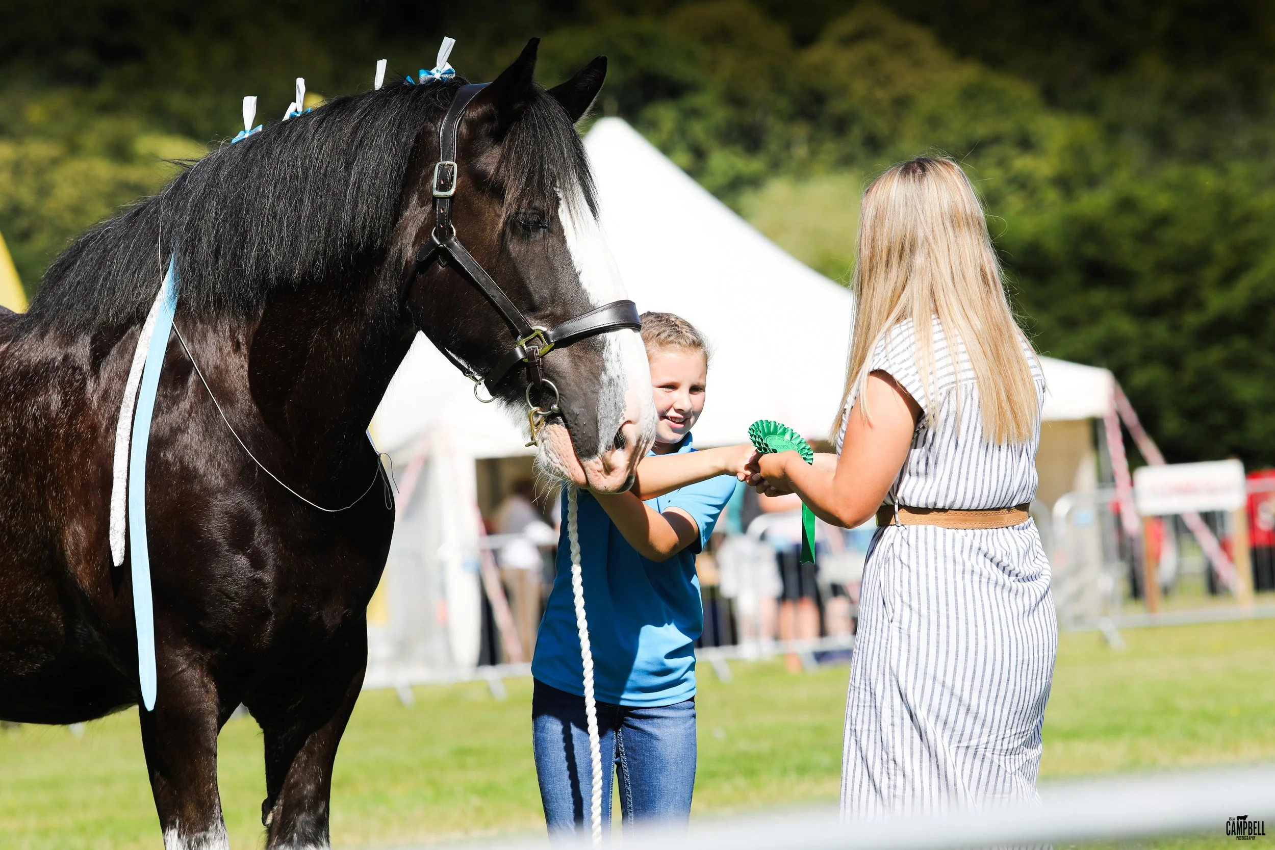 A young girl in a blue shirt receives a ribbon from a woman with blonde hair in a striped dress, with a large brown and white horse nearby at an outdoor event.