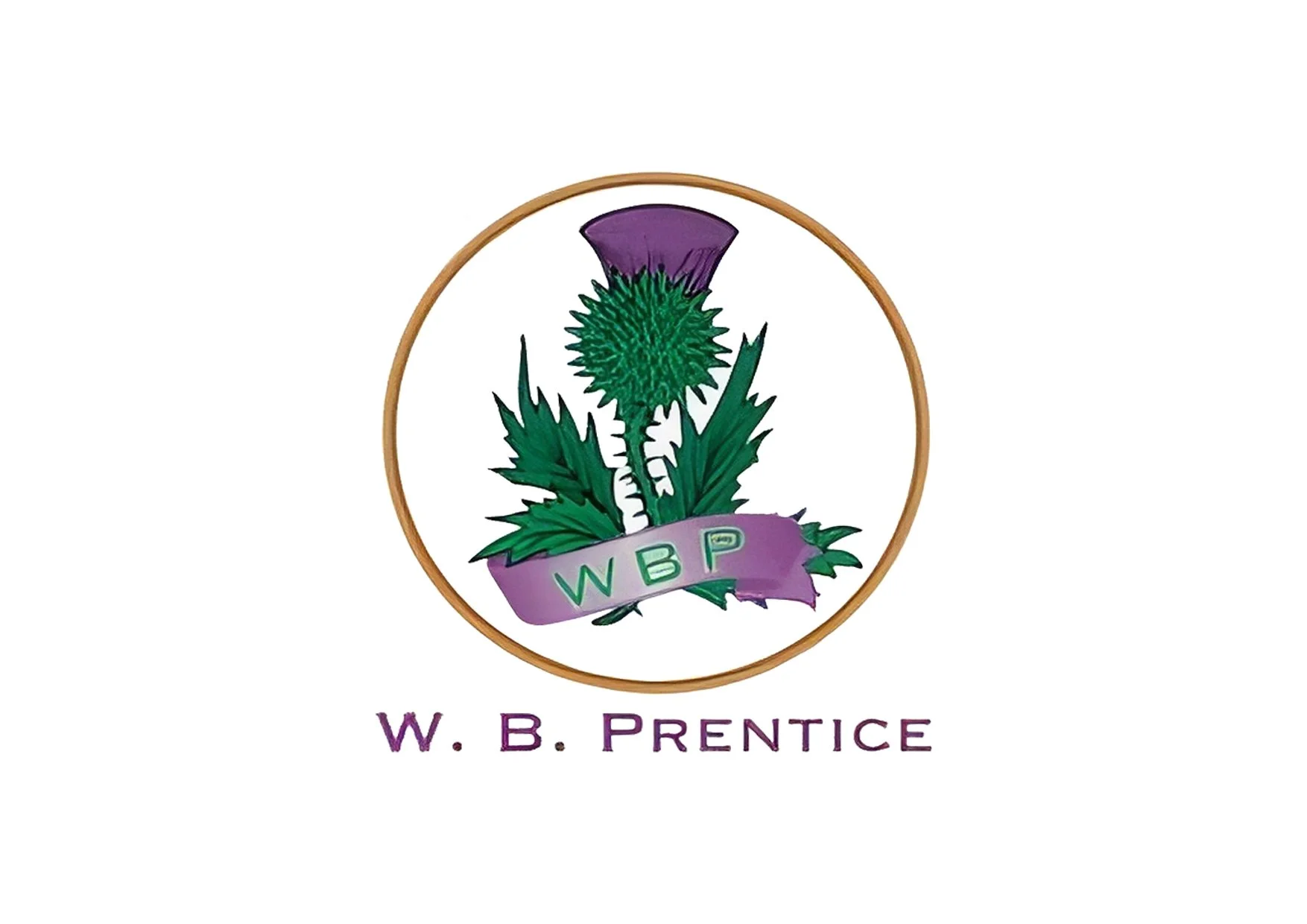 Emblem featuring a purple thistle plant with green spiky seed head and leaves, encased in a gold circle, with the abbreviation 'WBP' on a purple ribbon and the text 'W. B. Prentice' below.