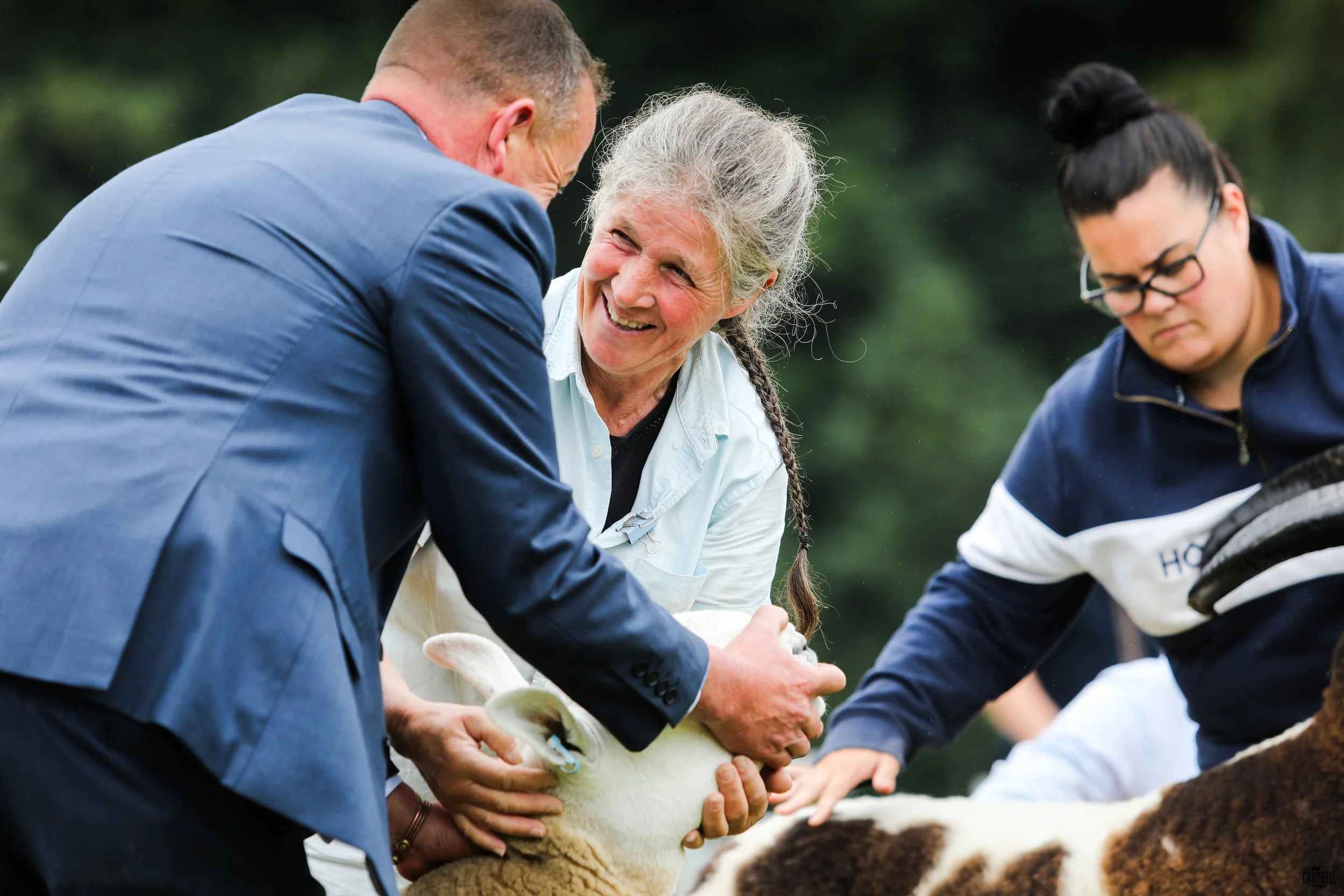 People handling a sheep outdoors, one woman smiling and another woman wearing glasses.