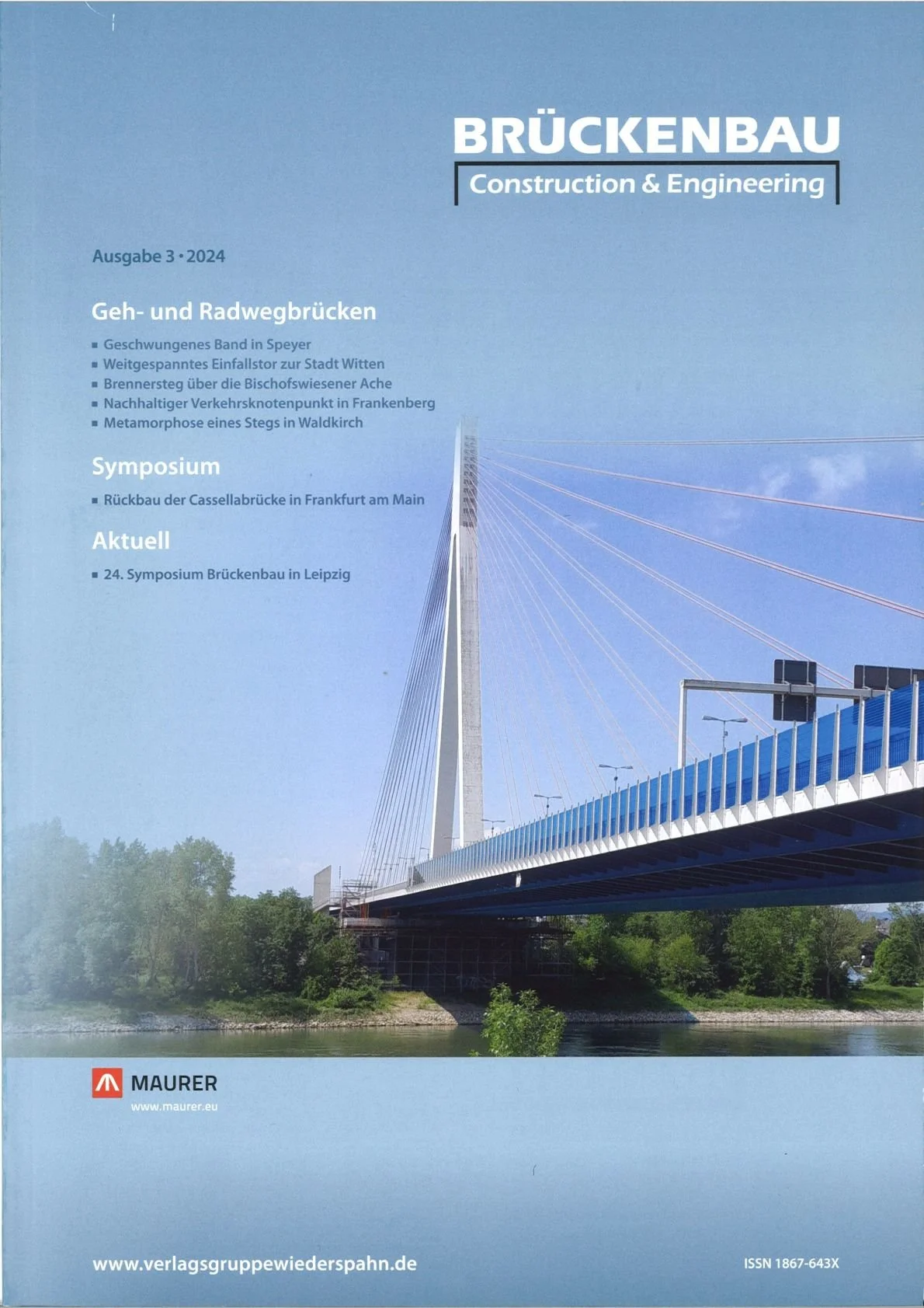 Titelbild der Zeitschrift Brückenbau mit einem Bild einer modernen Verkehrs-Brücke über einen Fluss.