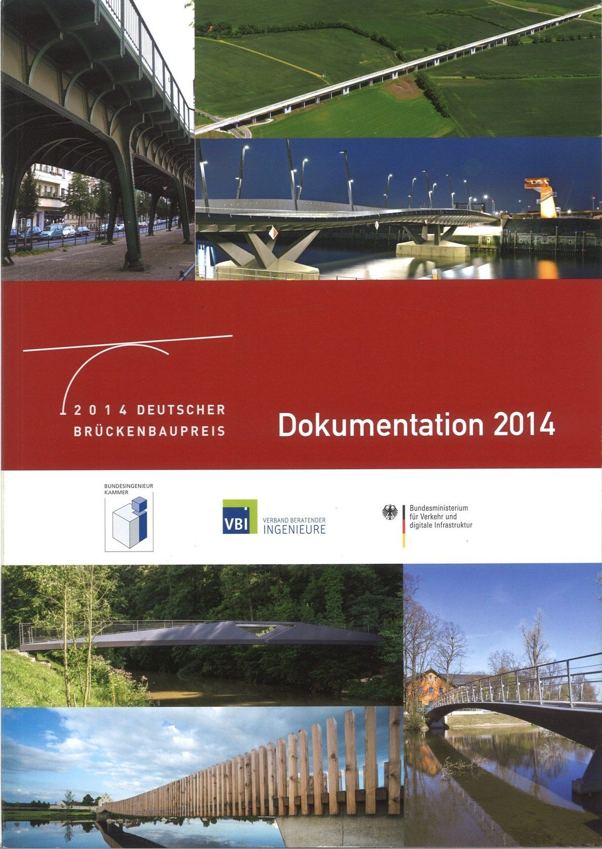 Titelbild der Dokumentation des deutschen Brückenbaupreises 2014 mit einer Collage aus verschiedenen Brücken.