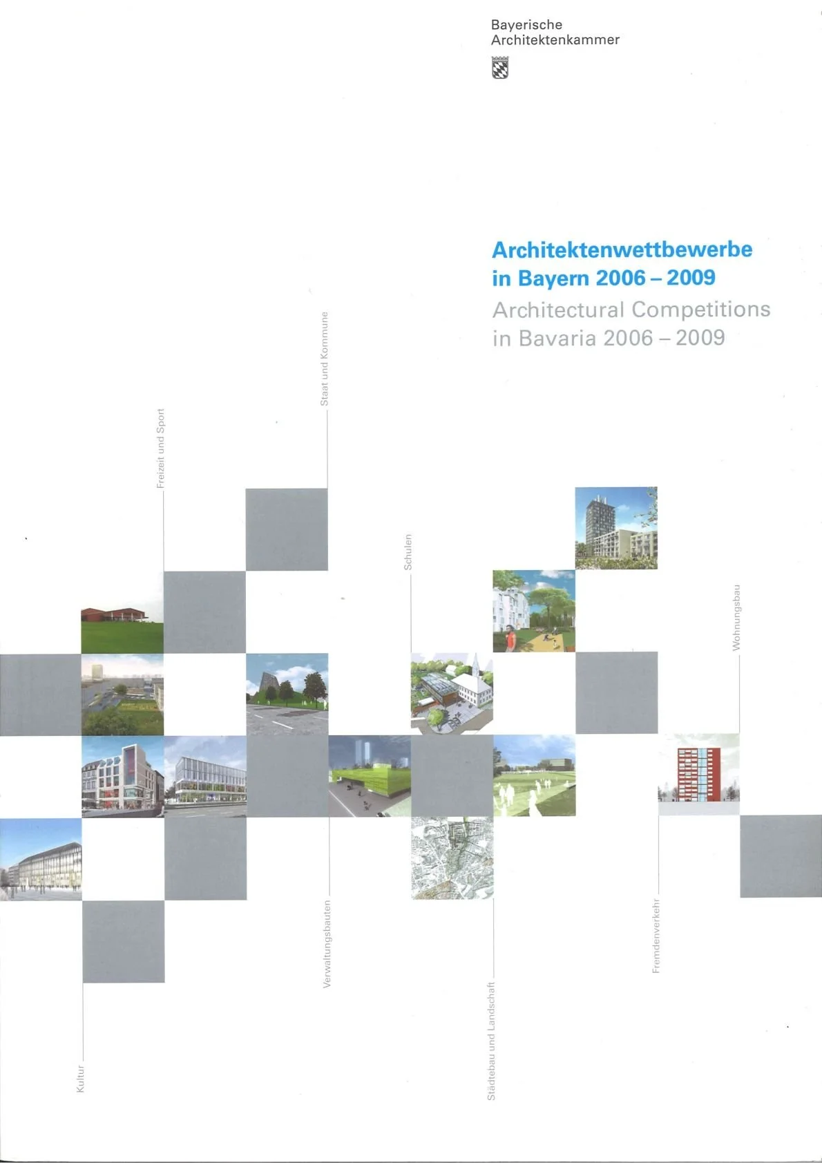 Weißes Titelbild der Architektenwettbewerbe in Bayern mit mehreren kleinen Fotos.