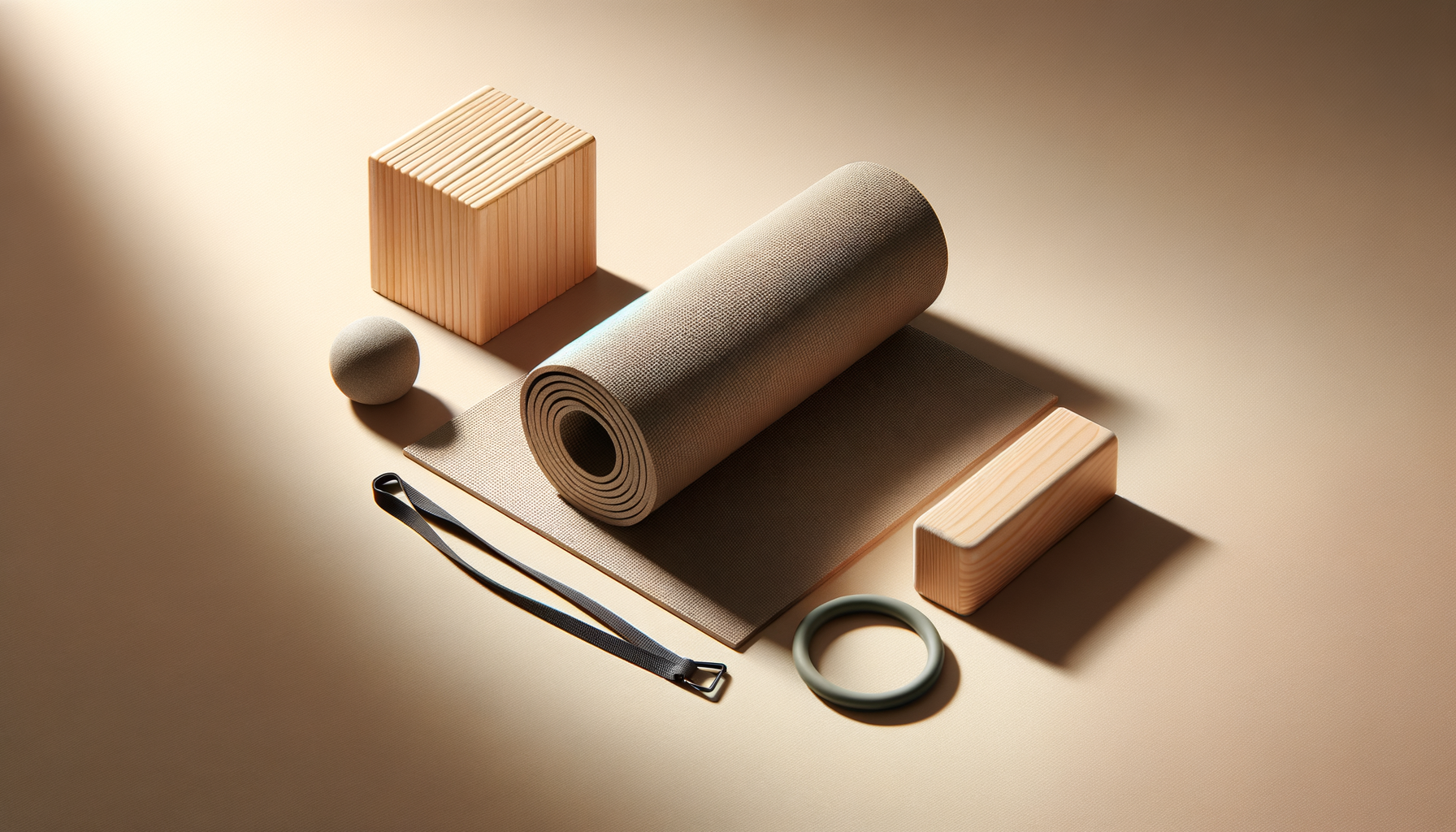 Accessoires de yoga et bien-être disposés sur une surface beige, comprenant un tapis roulé, deux blocs en bois, une balle, une ceinture de yoga, et un anneau de yoga, sous une lumière douce.