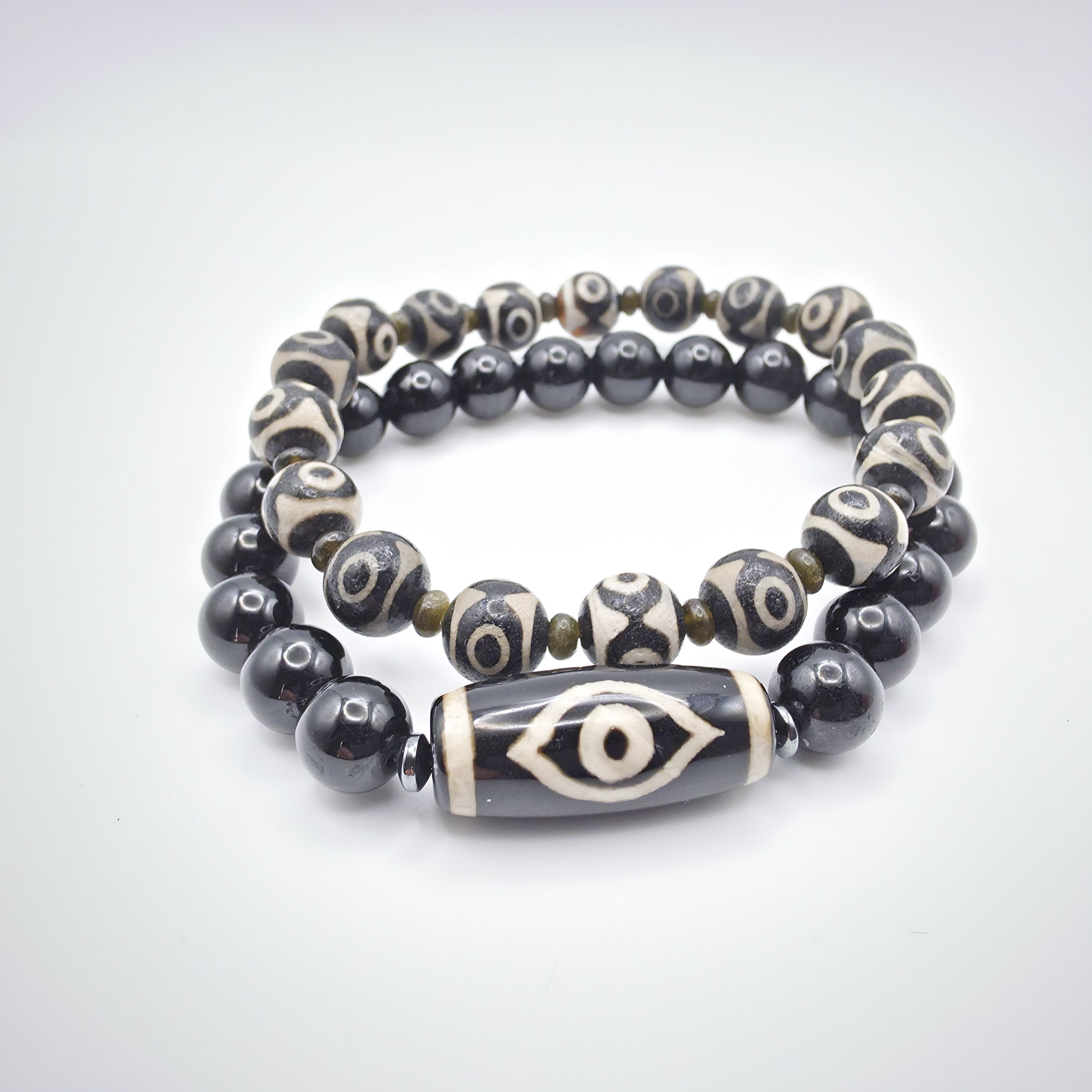 BLACK OBSIDIAN AND DZI BEAD SET