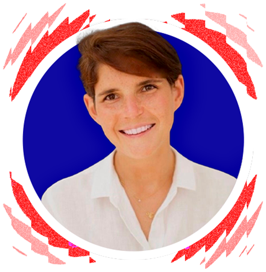 Portrait of a woman with short hair, wearing a white shirt, smiling, with a blue background surrounded by a white circle on a red background.