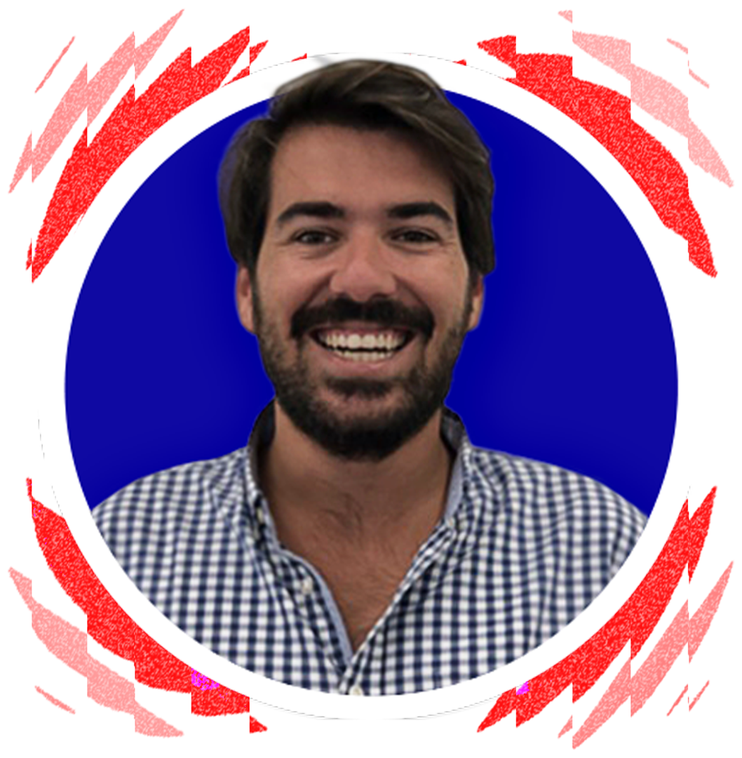 Portrait of a smiling man with a beard, wearing a plaid shirt, in front of a blue background in a white circle, on a red background.
