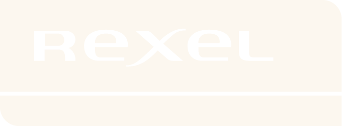 Le logo de l'entreprise Rexel de couleur beige.