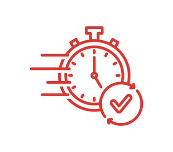 Red stopwatch with motion lines indicating speed and a checkmark icon in a circle in front.