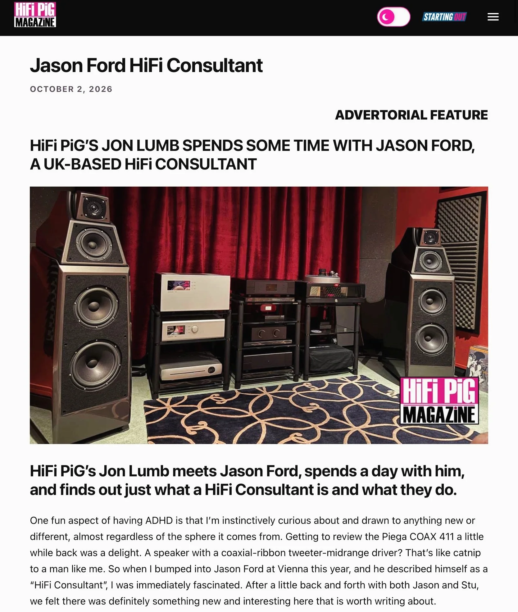 A day in the life of a HiFi Consultant.

A huge thank you to Jon Lumb and HiFi PiG for spending the day with me and putting together such an in depth feature on what I do.

Really pleased with how this turned out. Thanks for the kind words, Jon.

Ful